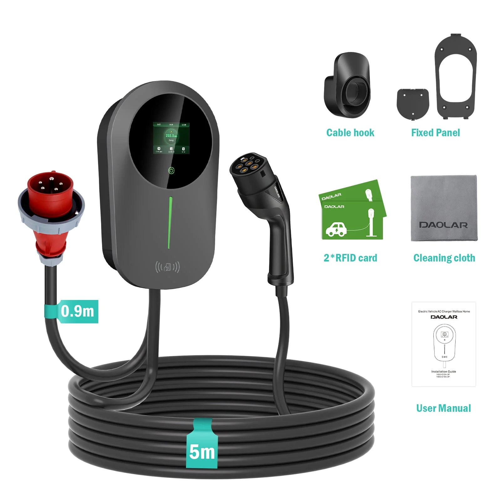 Daolar Wallbox 22kw with APP 3-Phase / 1-Phase 6-16 A Type 2 EV charging cable with 2 pcs RFID Cards and for EVs & PHEV, Upgrade RCD B current protection - Image 7