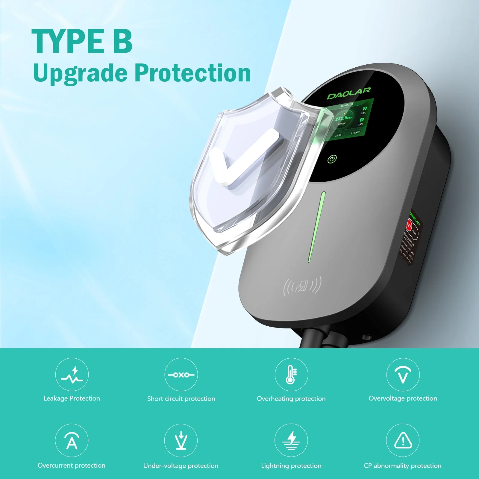 Daolar Wallbox 11kw with APP 3-Phase 6-16 A Type 2 EV Charging Station with Controllable Digital Display and 2 pcs RFID Cards for Electric Car, Upgrade RCD B current protection - Image 5