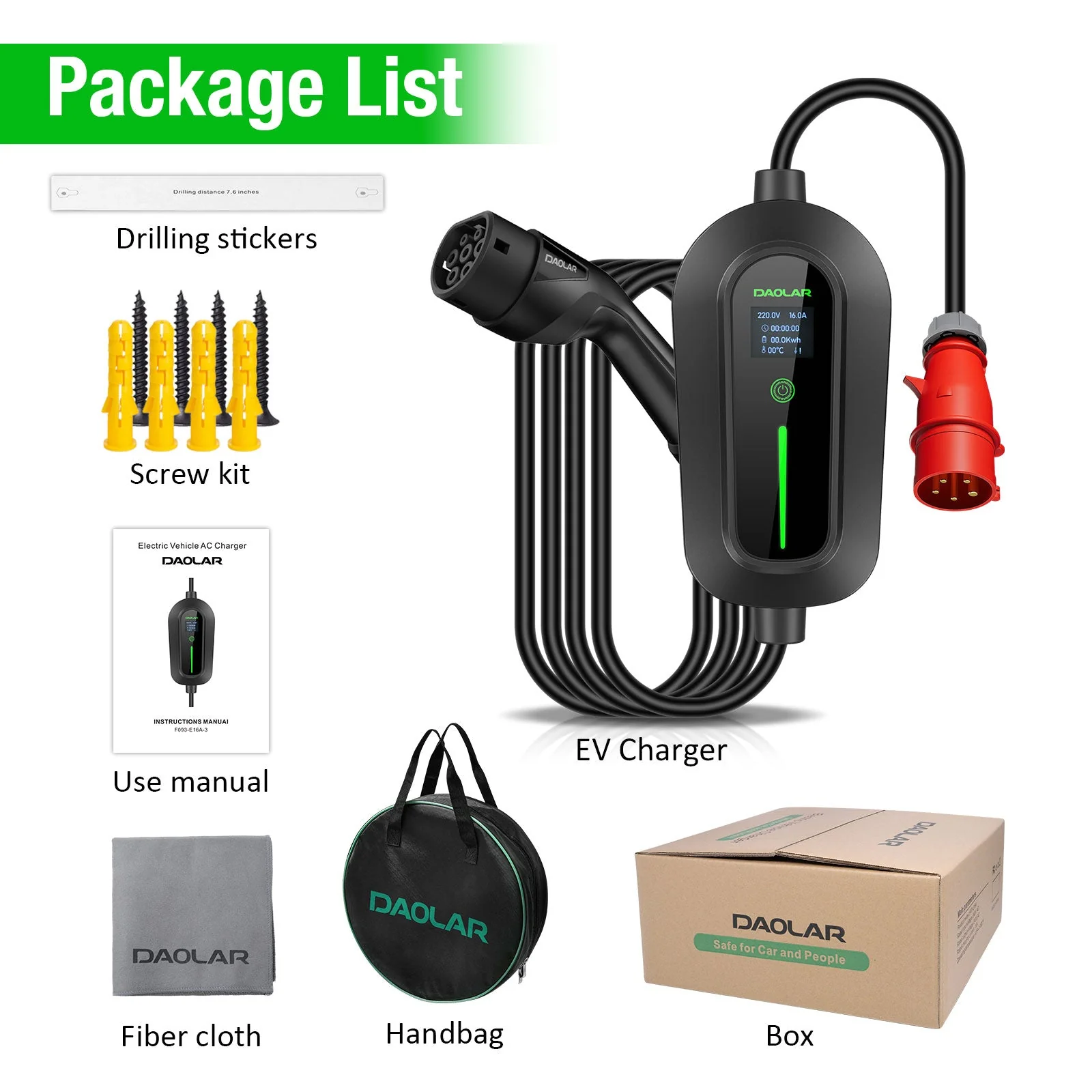 Daolar Portable Charging Station for Electric Cars 11KW 3-phases 16A CEE plug + Adapter Schuko Plug to 16A CEE Coupling 5-Pin + Charging Cable Organiser - Image 9