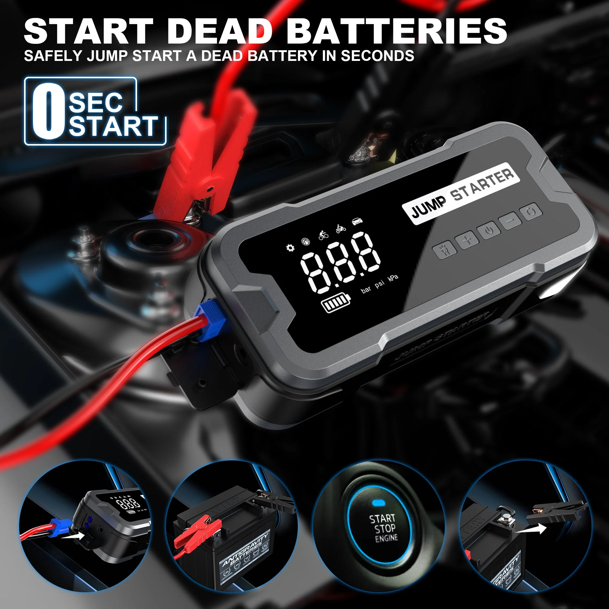 Daolar Portable Car Jump Starter with Air Compressor, Car Battery Jump Starter Pack (9.0 Gas/8.0L Diesel), 12V Auto Battery Jump with Large LCD Display, Lights - Image 3