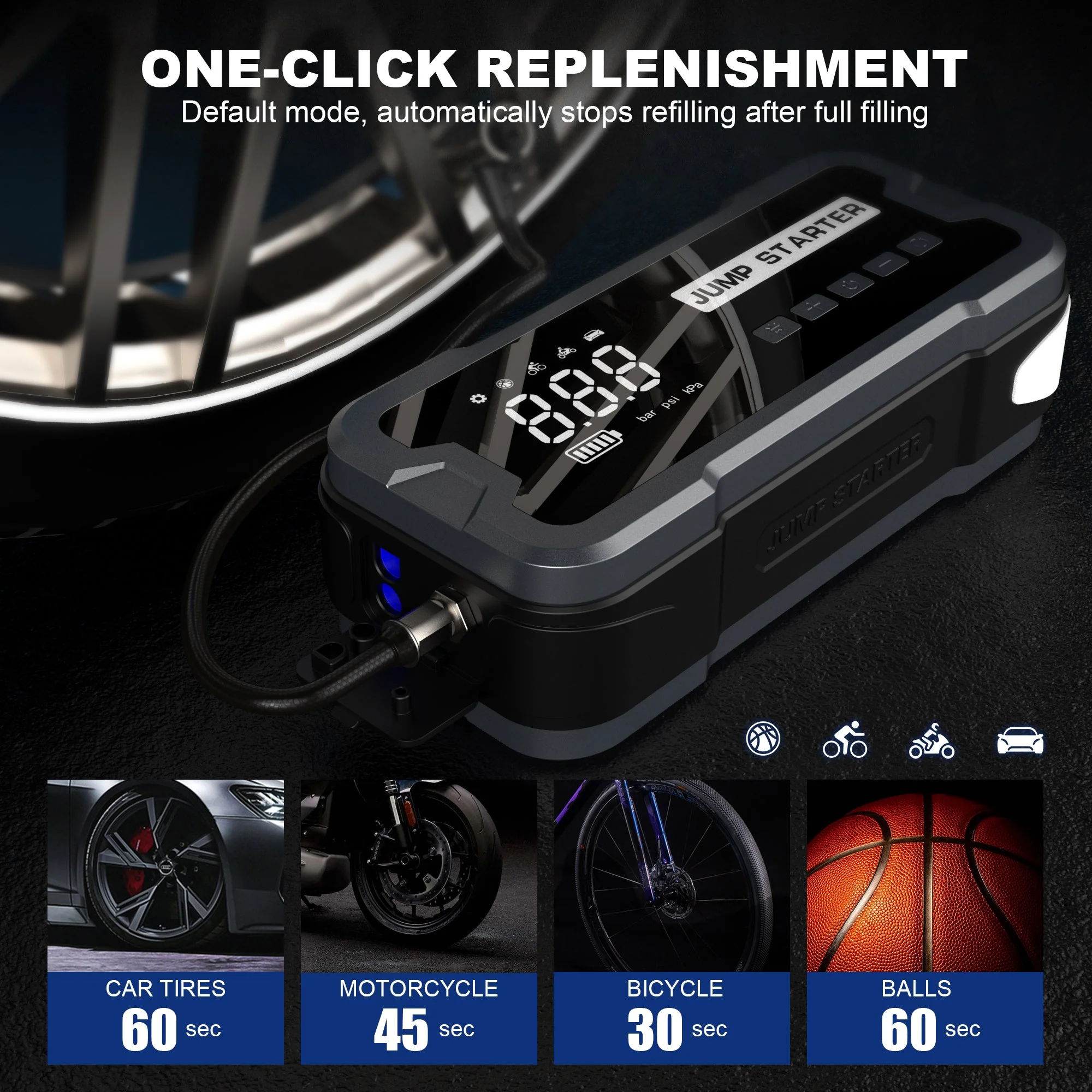 Daolar Portable Car Jump Starter with Air Compressor, Car Battery Jump Starter Pack (9.0 Gas/8.0L Diesel), 12V Auto Battery Jump with Large LCD Display, Lights - Image 4