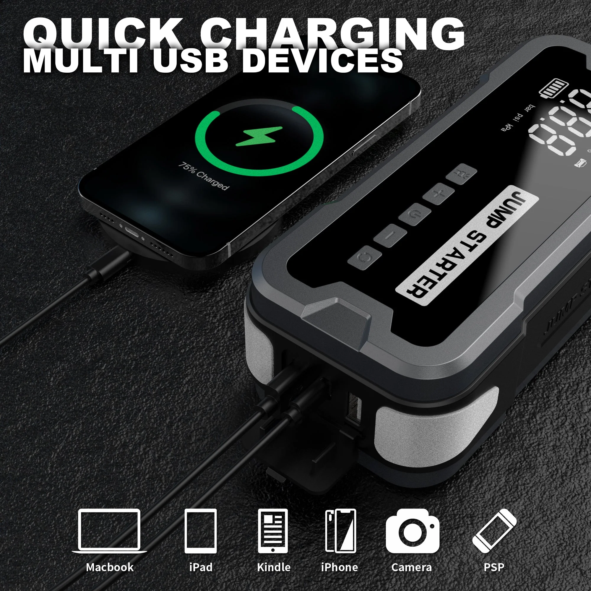 Daolar Portable Car Jump Starter with Air Compressor, Car Battery Jump Starter Pack (9.0 Gas/8.0L Diesel), 12V Auto Battery Jump with Large LCD Display, Lights - Image 6