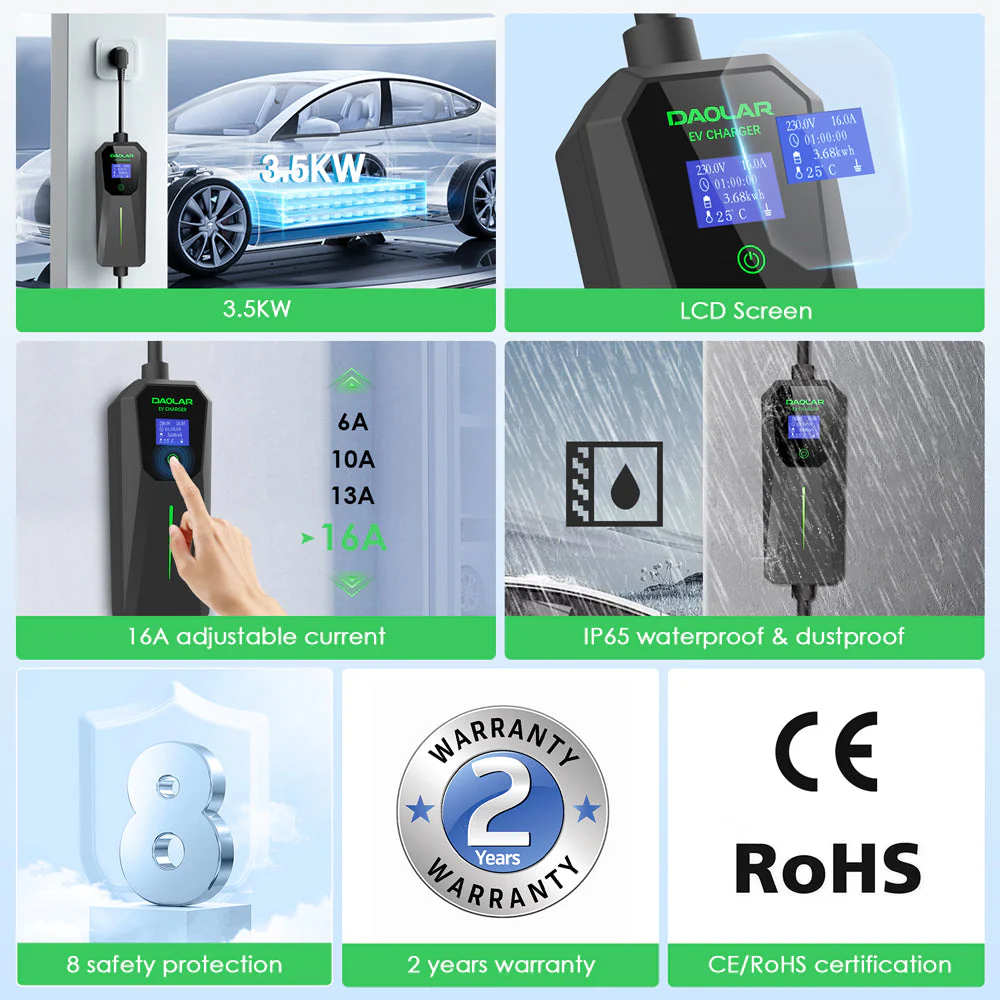 Daolar Type2 EV Charger 3.68KW 16A + Electric Vehicle Discharge Adapter - Image 3