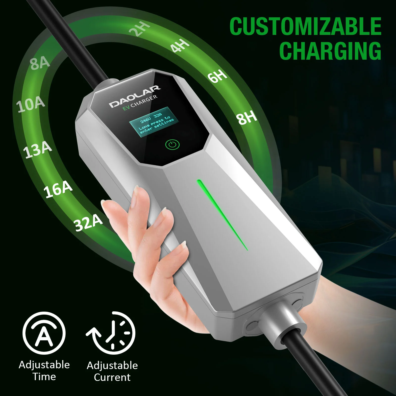 Daolar Level 2 EV Charger 32 Amp 110V-240V J1772 Electric Vehicle Portable Charger with 25ft Cable and NEMA 14-50 Plug, Chargepoint Home Flex Level 2 EV Charger - Image 3