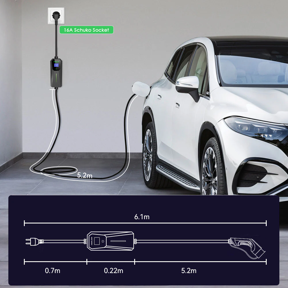 Daolar Type 1 / Type 2 Charging Cable Schuko 3.68KW [1-Phase, 6-16A], Mobile Wallbox with Controllable Digital Display for Electric Car, EV Charger for Model 3/Y, 3008/508, C5X, DS7, GLA, Q3, X3, ZOE, ID.3, ID.4 and Other PHEV/EV - Image 3