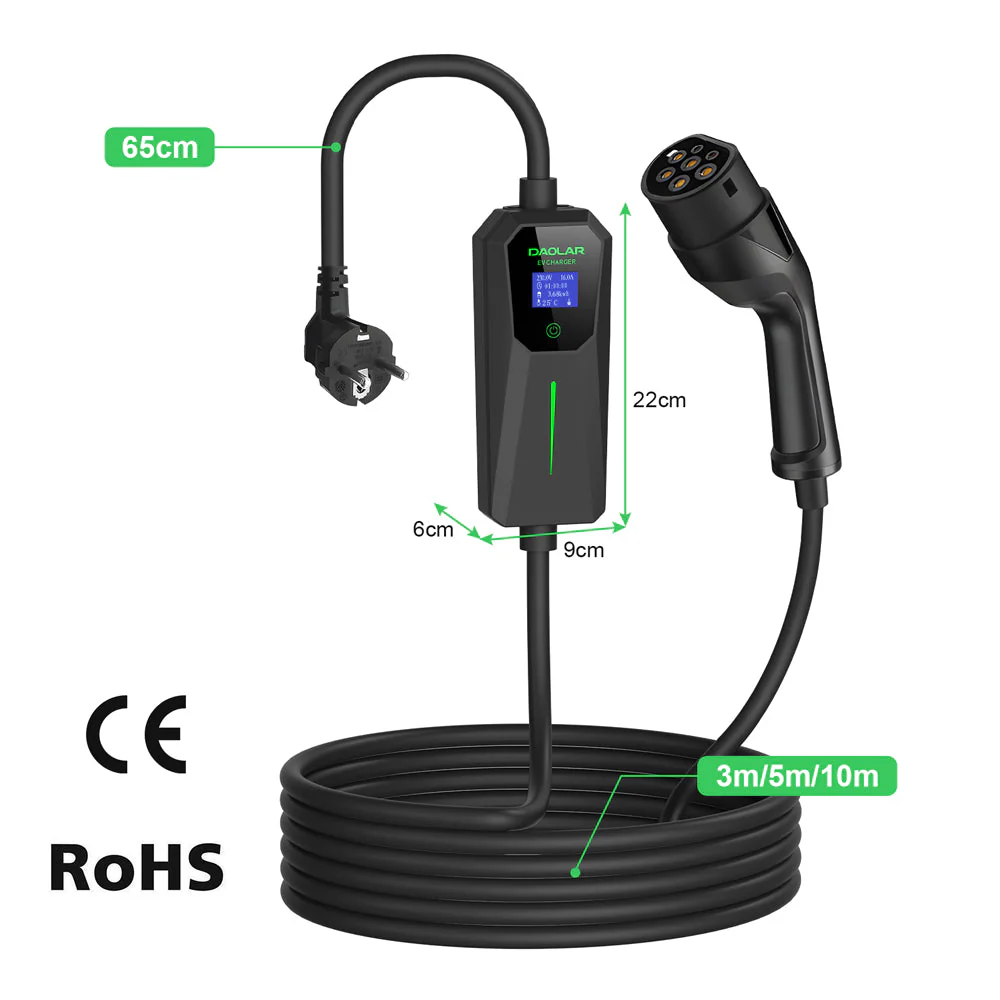 Daolar Type 1 / Type 2 Charging Cable Schuko 3.68KW [1-Phase, 6-16A], Mobile Wallbox with Controllable Digital Display for Electric Car, EV Charger for Model 3/Y, 3008/508, C5X, DS7, GLA, Q3, X3, ZOE, ID.3, ID.4 and Other PHEV/EV - Image 7