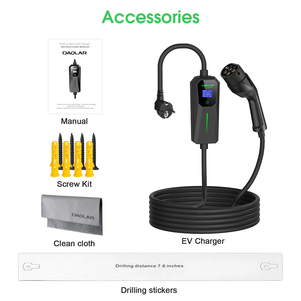 Daolar Type 1 / Type 2 Charging Cable Schuko 3.68KW [1-Phase, 6-16A], Mobile Wallbox with Controllable Digital Display for Electric Car, EV Charger for Model 3/Y, 3008/508, C5X, DS7, GLA, Q3, X3, ZOE, ID.3, ID.4 and Other PHEV/EV - Image 8