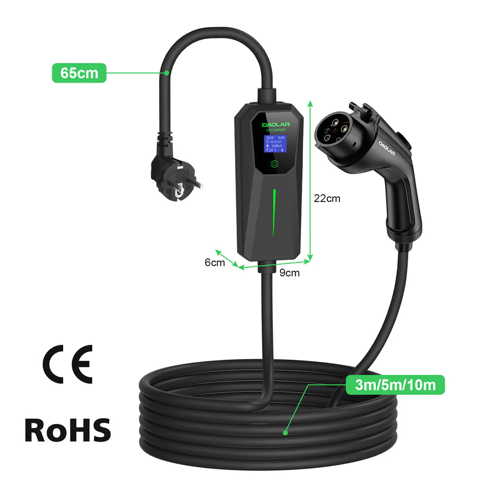 Daolar Type 1 Mobile Wallbox 3.68KW 16A EV Charger with Controllable Digital Display, 2-Pin Schuko to J1772 Car Charging Cable for EVs & PHEV - Image 7