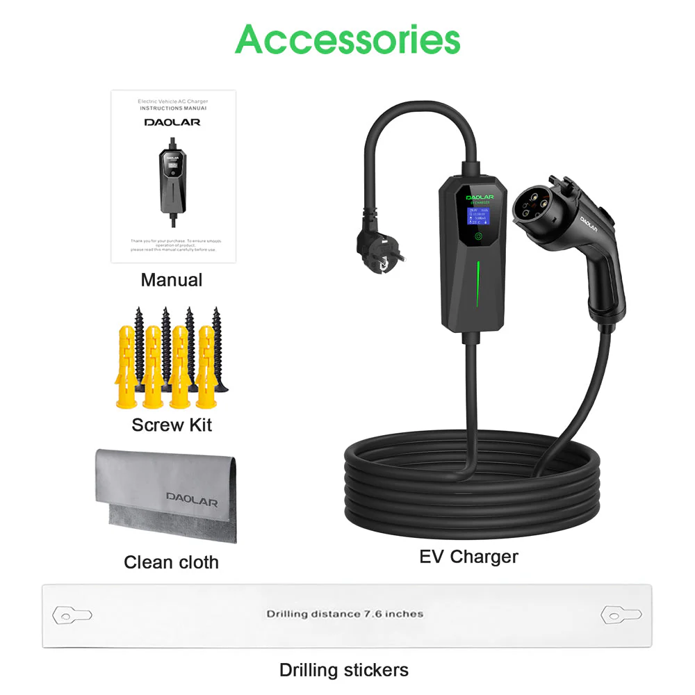 Daolar Type 1 Mobile Wallbox 3.68KW 16A EV Charger with Controllable Digital Display, 2-Pin Schuko to J1772 Car Charging Cable for EVs & PHEV - Image 8